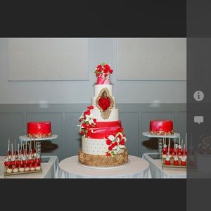 faux Red, gold, white event cake. Perfect for Quinceañeras or parties